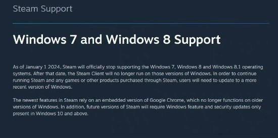 从明年开始，Steam客户端将不再对Win7、Win8以及Win8.1系统提供支持。