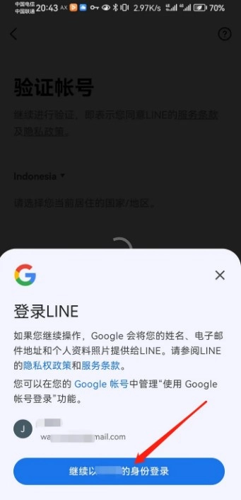 LINE注册第六步点击继续以xxx账号登录界面